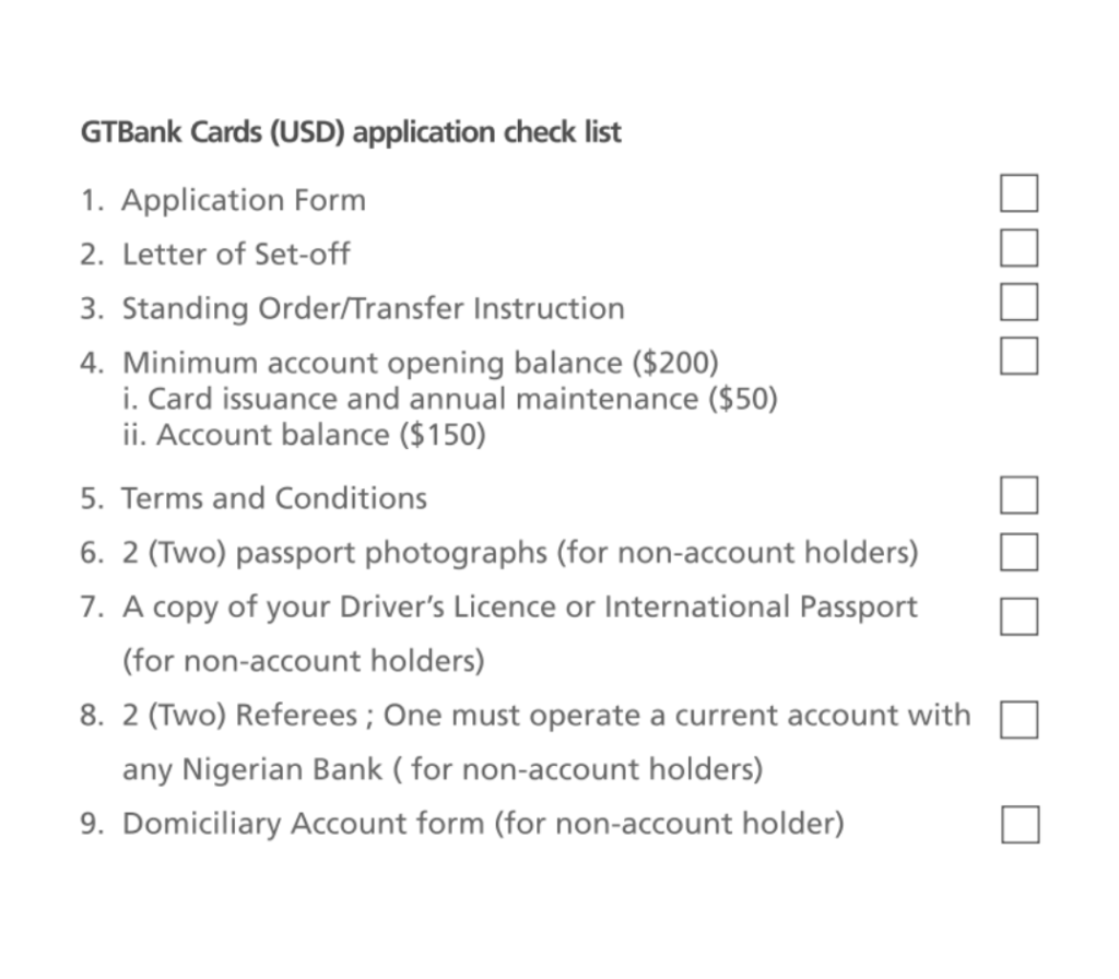 GTB USD Card requirement